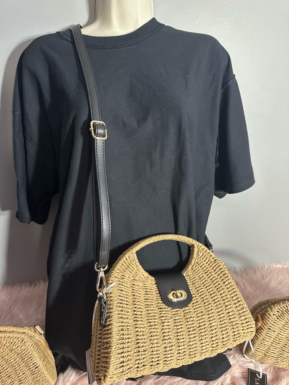 Handwoven Straw Shoulder Bag with Black Trim - Neutral Tan